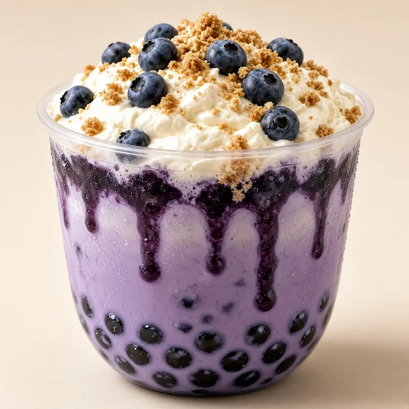 Blueberry cheesecake foam over a Tapiocha cup