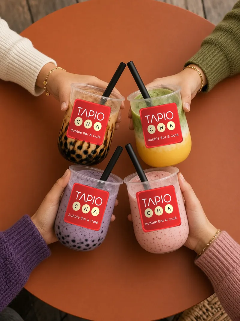 Friends raising four Tapiocha cups