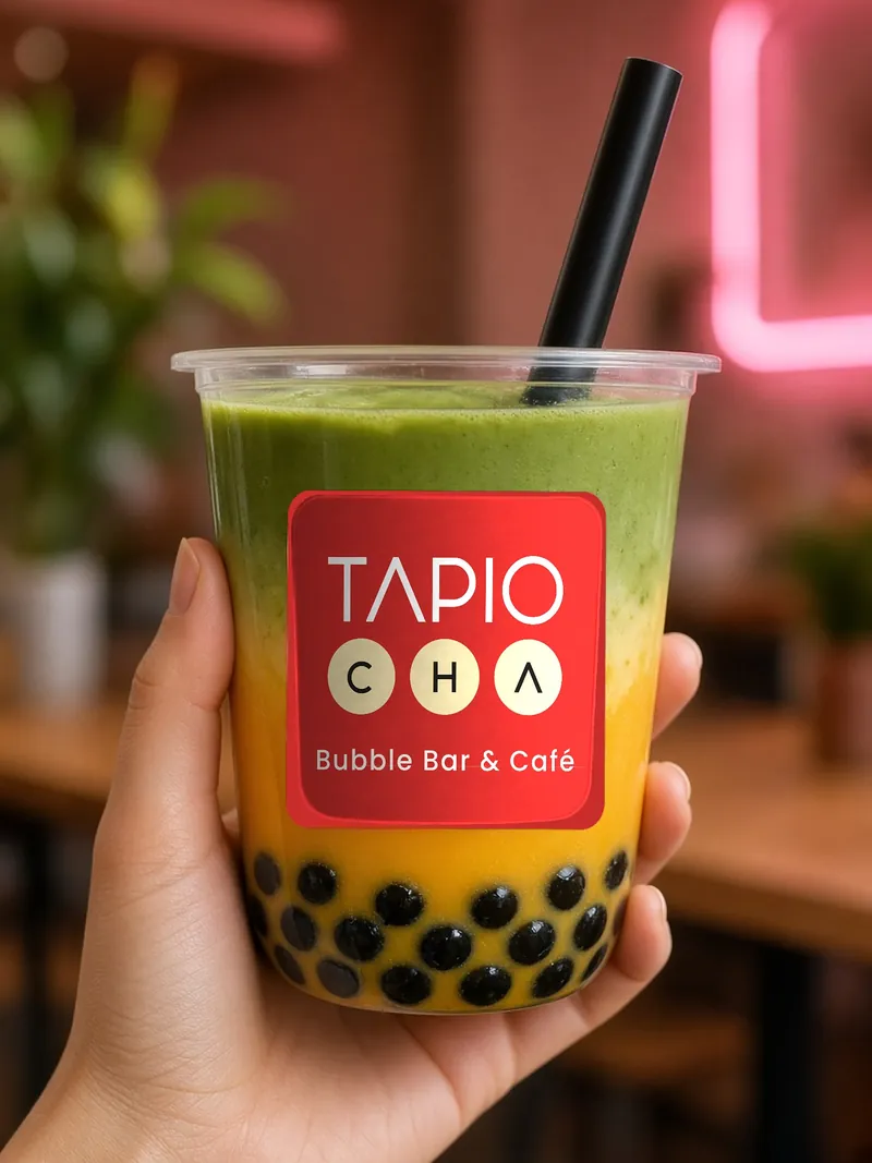 Mango matcha held up in the café