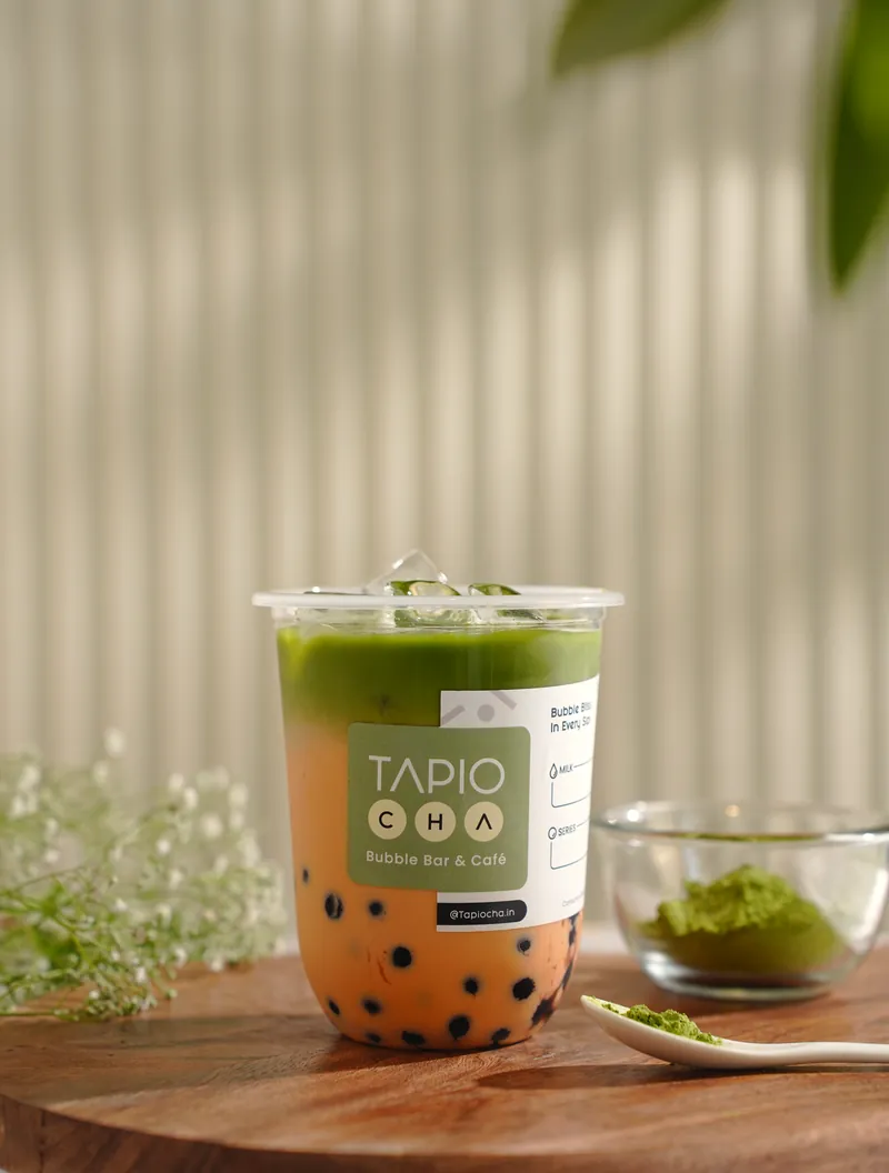 Matcha milk on a board at Elante