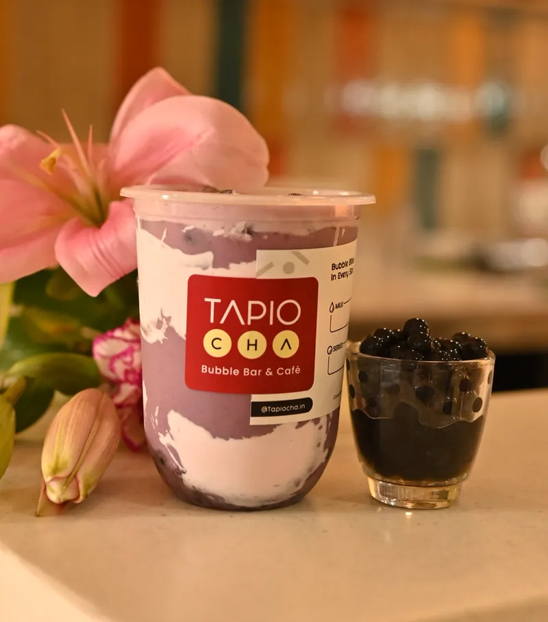 Taro milk tea with pink lilies